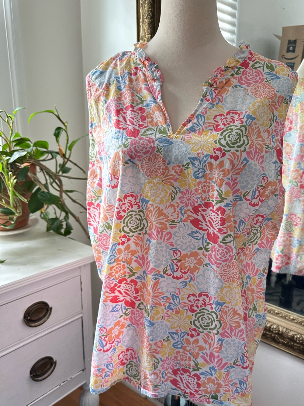 Talbot’s XL cotton blouse sleeveless garden floral colorful euro summer ruffle